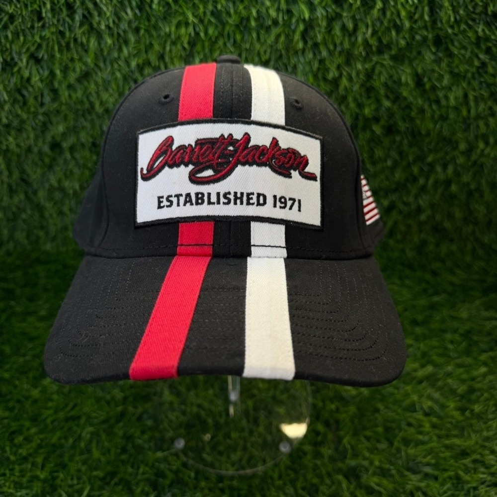 Barrett-Jackson Hat Mens OSFA Baseball Cap Black Red White Racing Stripe Cotton